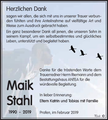 Traueranzeige von Maik Stahl von WVG - Wochenspiegel NMB / WSF / ZTZ