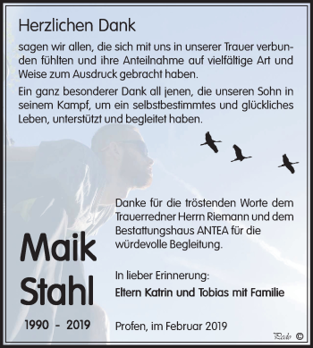 Traueranzeige von Maik Stahl von Mitteldeutsche Zeitung Zeitz