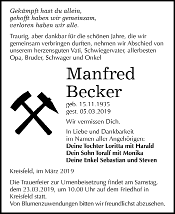 Traueranzeige von Manfred Becker von Wochenspiegel Mansfelder Land
