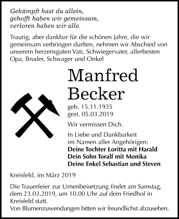 Traueranzeige von Manfred Becker von Mitteldeutsche Zeitung Aschersleben