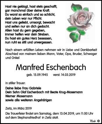 Traueranzeige von Manfred Eschenbach von WVG - Wochenspiegel NMB / WSF / ZTZ