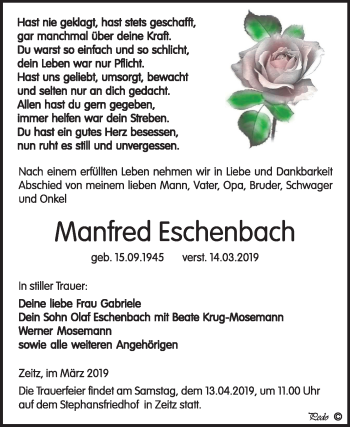 Traueranzeige von Manfred Eschenbach von Mitteldeutsche Zeitung Zeitz