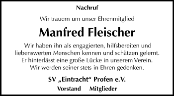 Traueranzeige von Manfred Fleischer von Mitteldeutsche Zeitung Zeitz