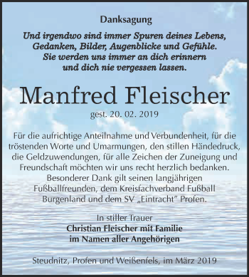 Traueranzeige von Manfred Fleischer von WVG - Wochenspiegel NMB / WSF / ZTZ