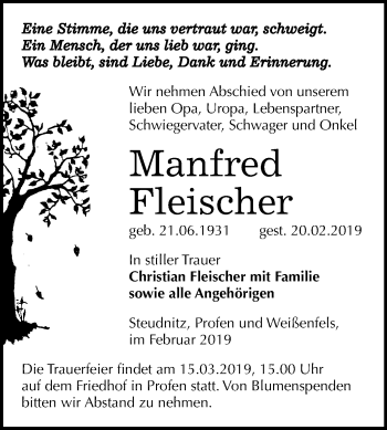 Traueranzeige von Manfred Fleischer von Mitteldeutsche Zeitung Zeitz