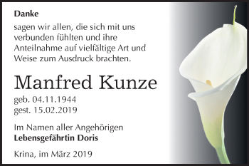 Traueranzeige von Manfred Kunze von Mitteldeutsche Zeitung Bitterfeld