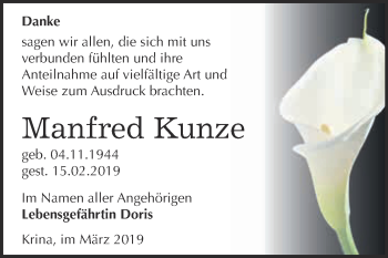 Traueranzeige von Manfred Kunze von WVG - Wochenspiegel Bitterfeld