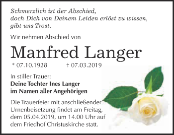 Traueranzeige von Manfred Langer von Super Sonntag Wittenberg