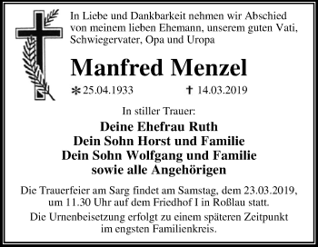 Traueranzeige von Manfred Menzel von WVG - Wochenspiegel Dessau / Köthen