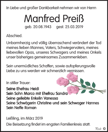 Traueranzeige von Manfred Preiß von Mitteldeutsche Zeitung Weißenfels
