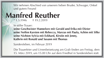 Traueranzeige von Manfred Reuther von Mitteldeutsche Zeitung