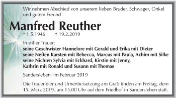 Traueranzeige von Manfred Reuther von Super Sonntag SGH Mansf. Land