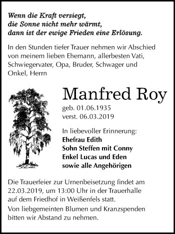 Traueranzeige von Manfred Roy von Mitteldeutsche Zeitung Weißenfels