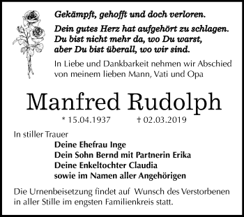 Traueranzeige von Manfred Rudolph von Mitteldeutsche Zeitung Bitterfeld