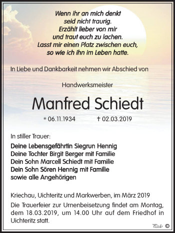 Traueranzeige von Manfred Schiedt von Mitteldeutsche Zeitung Weißenfels
