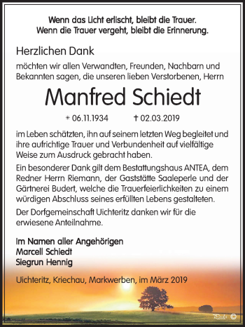 Traueranzeige von Manfred Schiedt von Mitteldeutsche Zeitung Weißenfels