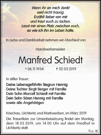 Traueranzeige von Manfred Schiedt von WVG - Wochenspiegel NMB / WSF / ZTZ