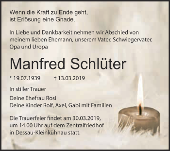 Traueranzeige von Manfred Schlüter von WVG - Wochenspiegel Dessau / Köthen