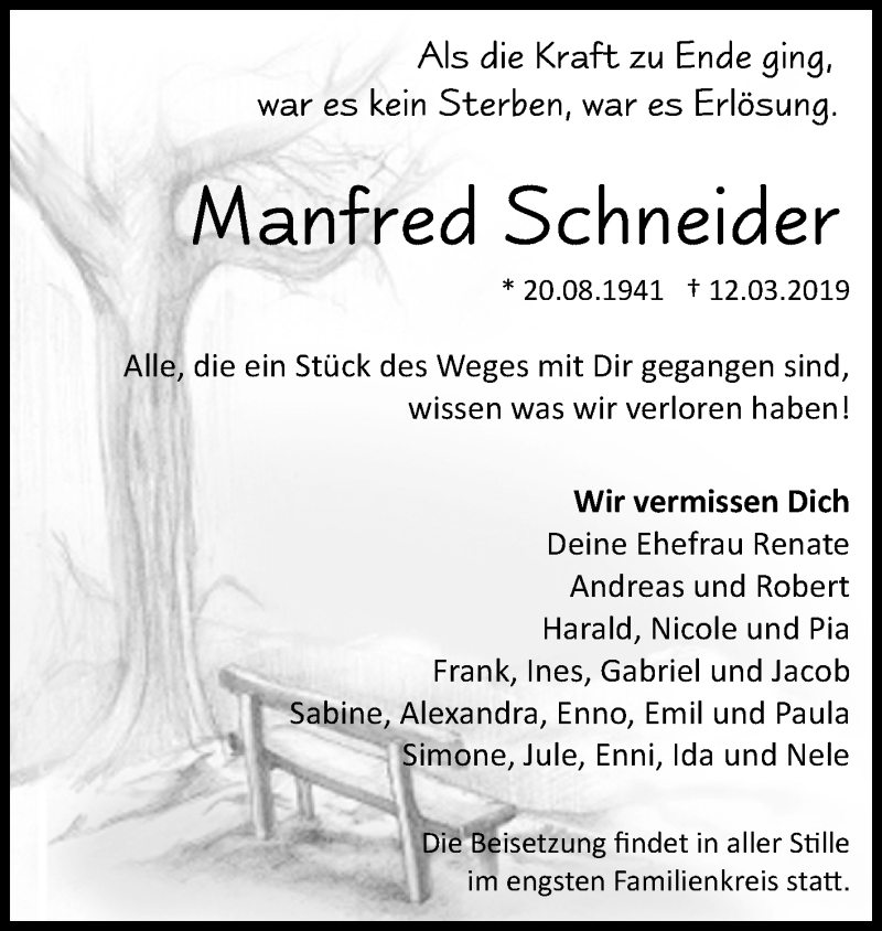  Traueranzeige für Manfred Schneider vom 20.03.2019 aus WVG - Wochenspiegel SGH