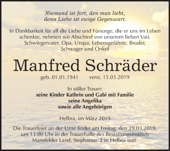 Traueranzeige von Manfred Schräder von Mitteldeutsche Zeitung Mansfelder Land