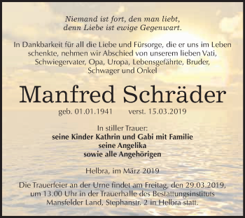 Traueranzeige von Manfred Schräder von Wochenspiegel Mansfelder Land