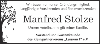 Traueranzeige von Manfred Stolze von WVG - Wochenspiegel Dessau / Köthen