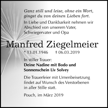 Traueranzeige von Manfred Ziegelmeier von Mitteldeutsche Zeitung Bitterfeld
