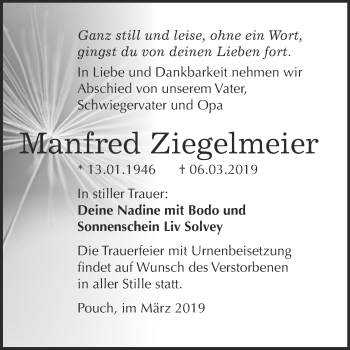 Traueranzeige von Manfred Ziegelmeier von WVG - Wochenspiegel Bitterfeld