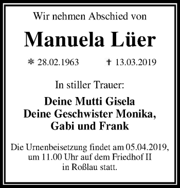 Traueranzeige von Manuela Lüer von WVG - Wochenspiegel Dessau / Köthen