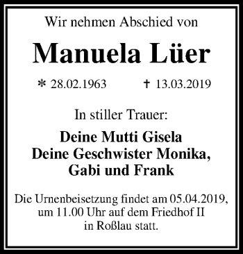 Traueranzeige von Manuela Lüer von Mitteldeutsche Zeitung Dessau-Roßlau