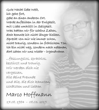 Traueranzeige von Marco Hoffmann von WVG - Wochenspiegel NMB / WSF / ZTZ