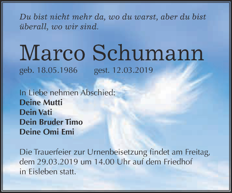  Traueranzeige für Marco Schumann vom 20.03.2019 aus Wochenspiegel Mansfelder Land