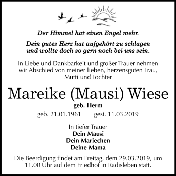 Traueranzeige von Mareike Wiese von WVG - Wochenspiegel Quedlinburg