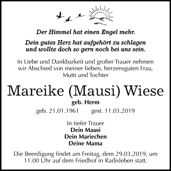 Traueranzeige von Mareike Wiese von Mitteldeutsche Zeitung
