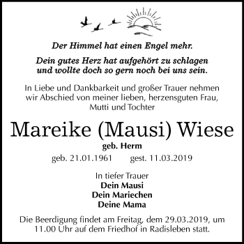 Traueranzeige von Mareike Mausi Wiese von Super Sonntag Aschersleben