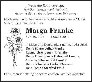 Traueranzeige von Marga Franke von WVG - Wochenspiegel Dessau / Köthen