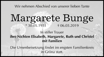 Traueranzeige von Margarete Bunge von Mitteldeutsche Zeitung Bernburg