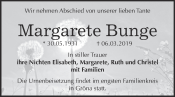 Traueranzeige von Margarete Bunge von Super Sonntag Bernburg