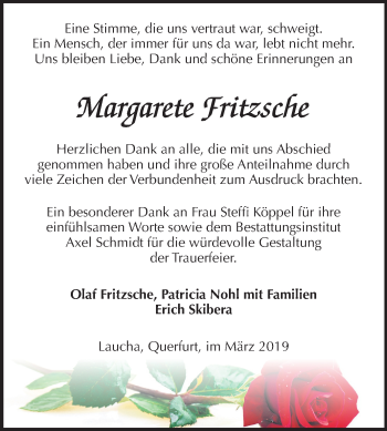Traueranzeige von Margarete Fritzsche von Mitteldeutsche Zeitung