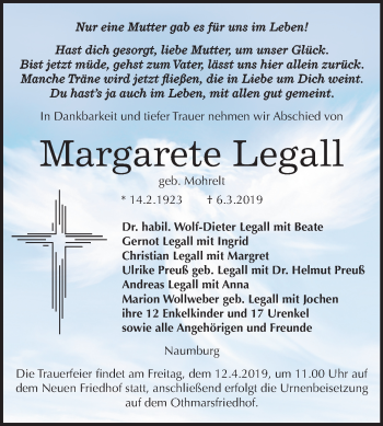 Traueranzeige von Margarete Legall von Mitteldeutsche Zeitung