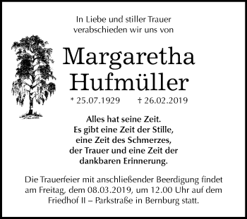 Traueranzeige von Margaretha Hufmüller von Mitteldeutsche Zeitung