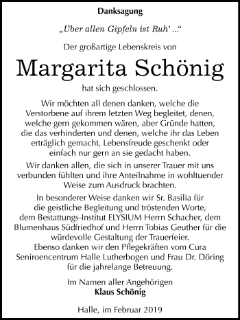 Traueranzeige von Margarita Schönig von Mitteldeutsche Zeitung