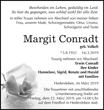 Traueranzeige von Margit Conradt von Mitteldeutsche Zeitung Quedlinburg