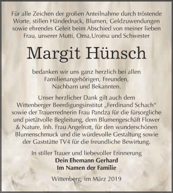 Traueranzeige von Margit Hünsch von WVG - Wochenspiegel Wittenberg