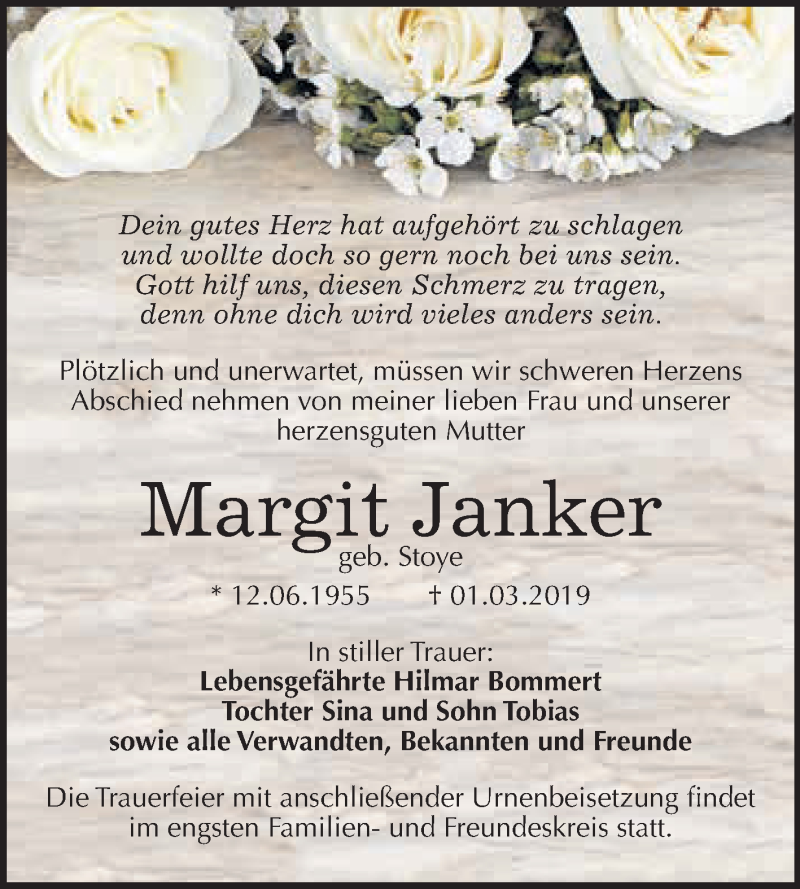  Traueranzeige für Margit Janker vom 13.03.2019 aus WVG - Wochenspiegel Bitterfeld