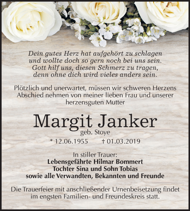  Traueranzeige für Margit Janker vom 13.03.2019 aus Mitteldeutsche Zeitung Bitterfeld