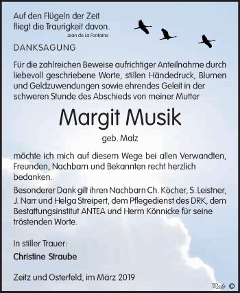Traueranzeige von Margit Musik von WVG - Wochenspiegel NMB / WSF / ZTZ