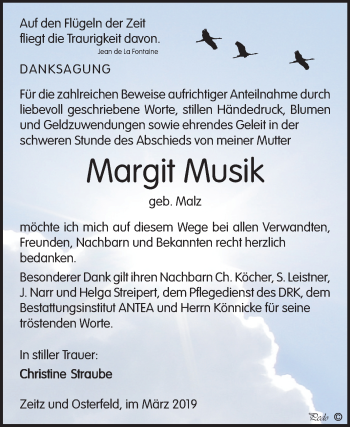 Traueranzeige von Margit Musik von Mitteldeutsche Zeitung Zeitz