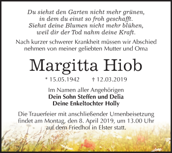 Traueranzeige von Margitta Hiob von Mitteldeutsche Zeitung