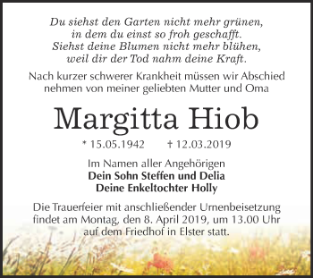 Traueranzeige von Margitta Hiob von WVG - Wochenspiegel Wittenberg